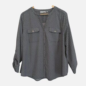 Women's 2X Black White Pattern Work Casual Button Roll Tab PLUS Soft Blouse